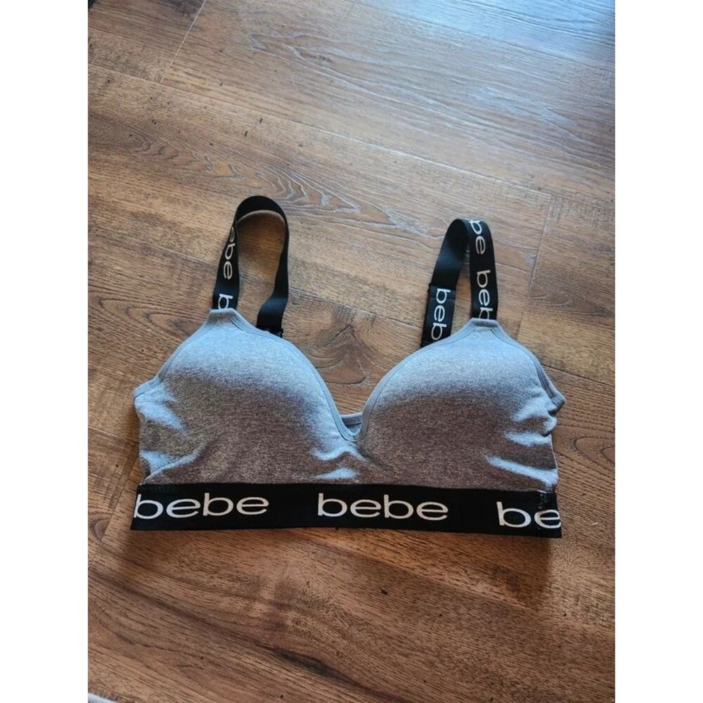 bebe Sport Seamless Molded Cup Bra Heather Gray Logo Straps Size Large